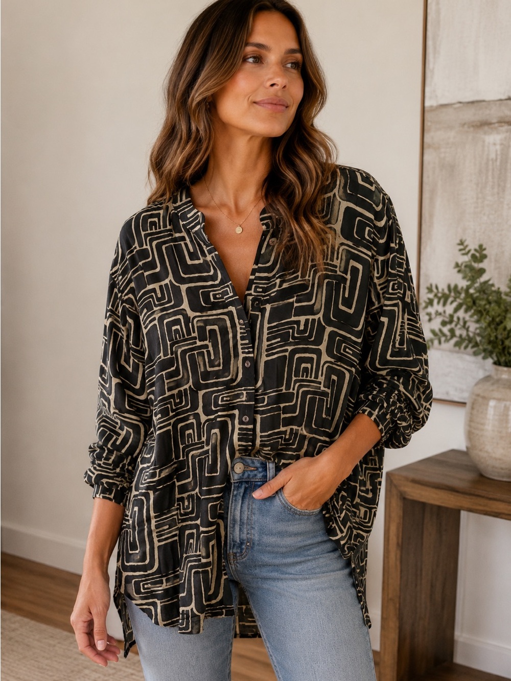 Multiples Black and Cream Geometric Button-Front Shirt